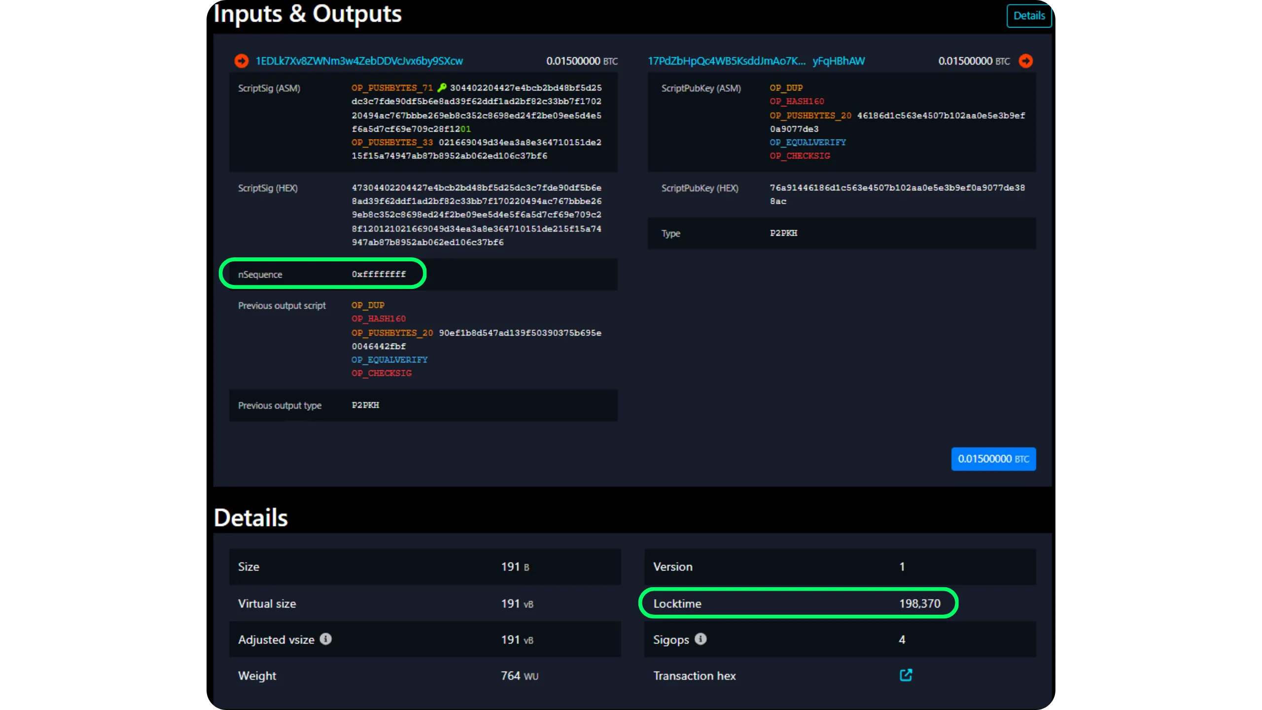 mempool.space page for a transaction mined before its nLockTime target block