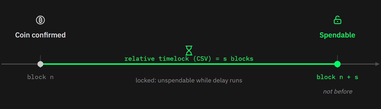 Relative block timelock where a coin confirmed at block n is spendable at n plus s