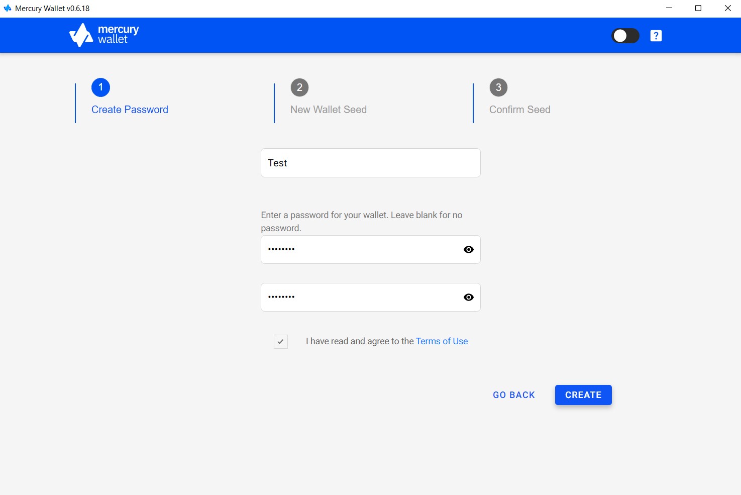 mercurry wallet create password