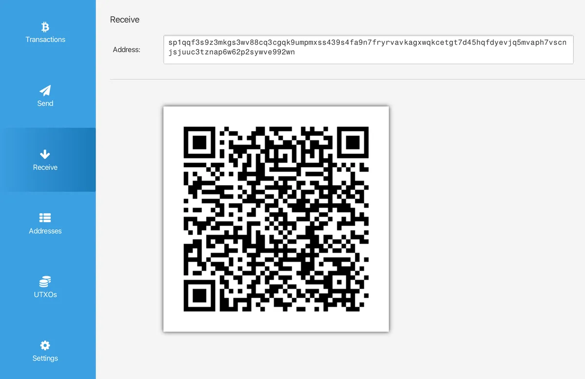The static sp1 silent payment address shown in Sparrow's Receive tab.