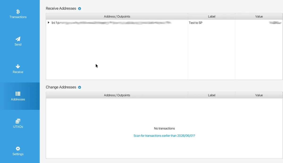 The addresses tab for a Silent Payments bitcoin wallet in Sparrow.