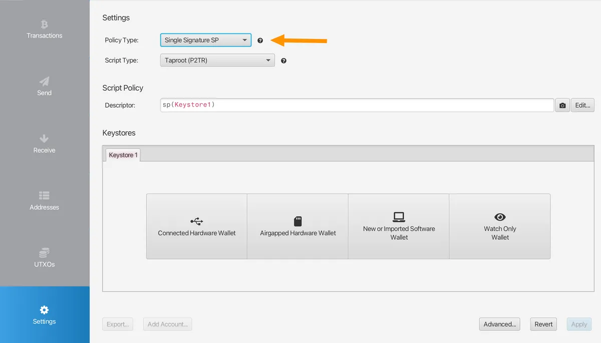 Choosing Silent Payments as the script type when creating a new wallet in Sparrow.