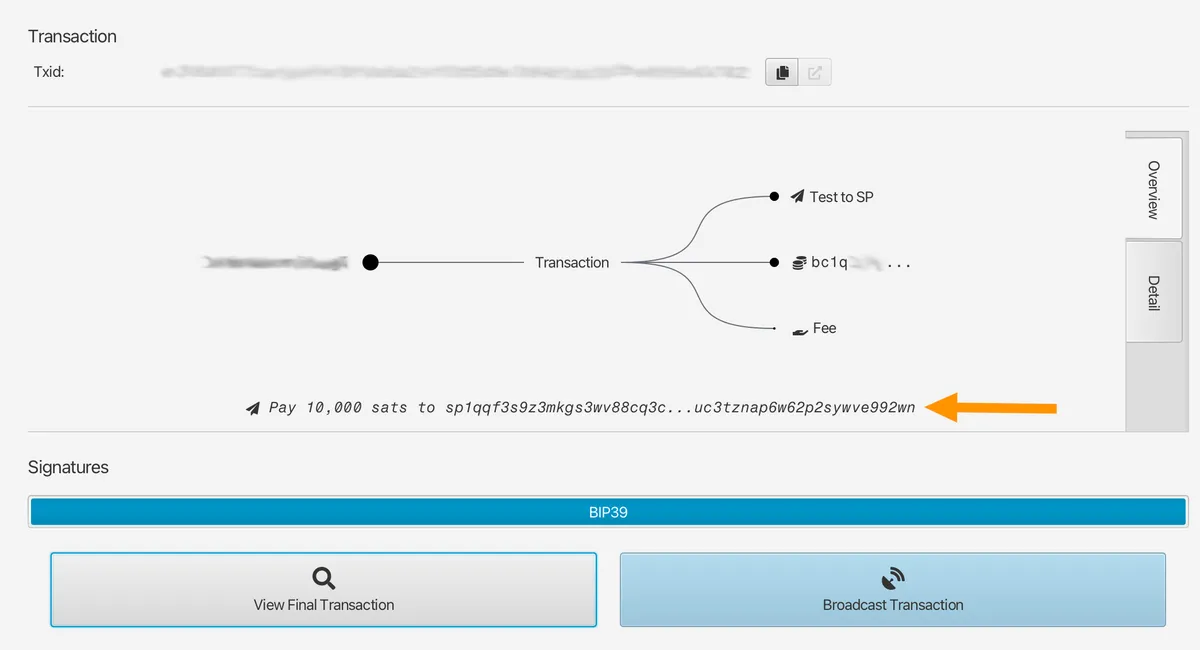 Constructing a transaction to a silent payment address in Sparrow.