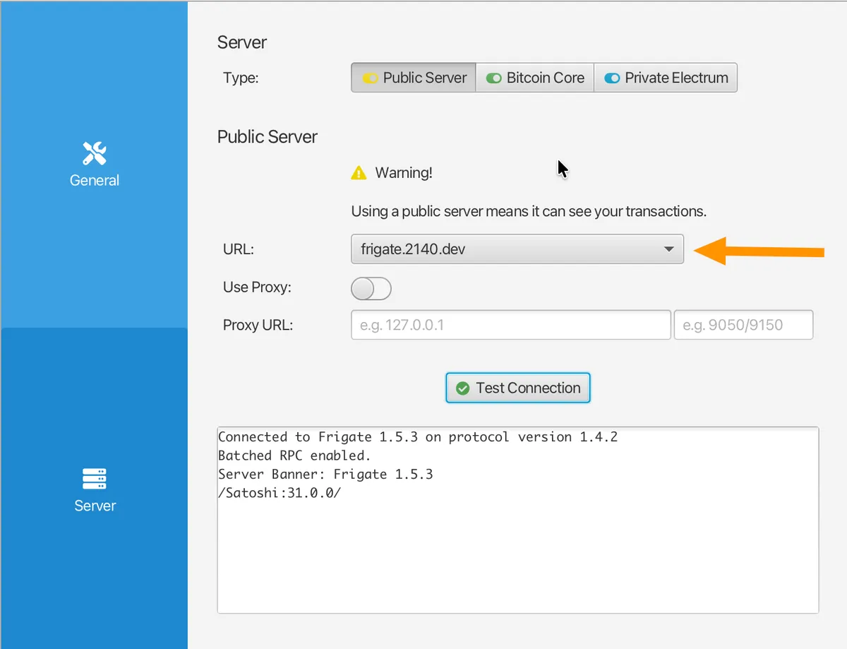 Configuring Sparrow to connect to a Frigate server for Silent Payments scanning.