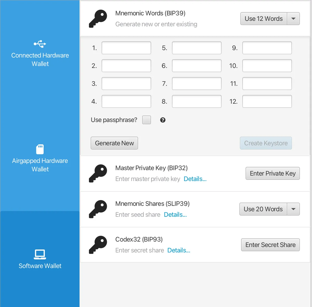 Setting up the keystore for a new wallet in Sparrow.