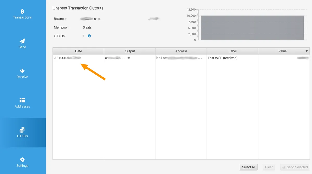 The UTXOs tab for a Silent Payments bitcoin wallet in Sparrow.