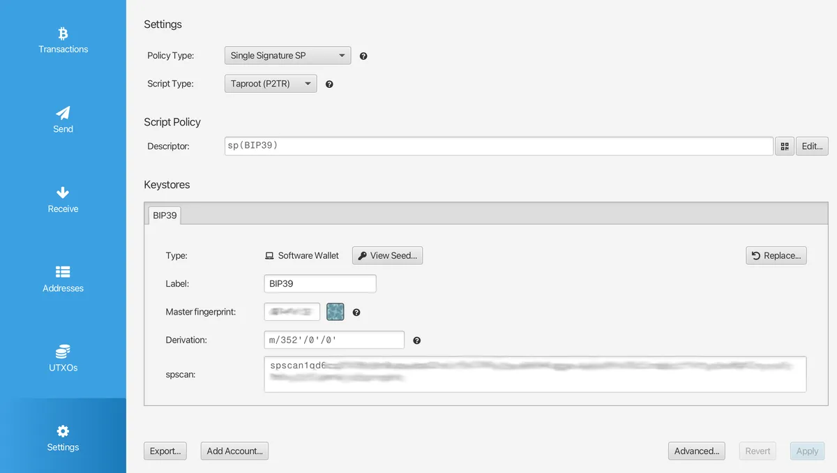 Silent Payments wallet configured in Sparrow, with derivation path m/352'/0'/0'.