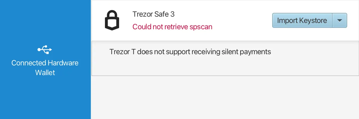 An error when connecting a Trezor device to Sparrow to create a silent payments wallet.