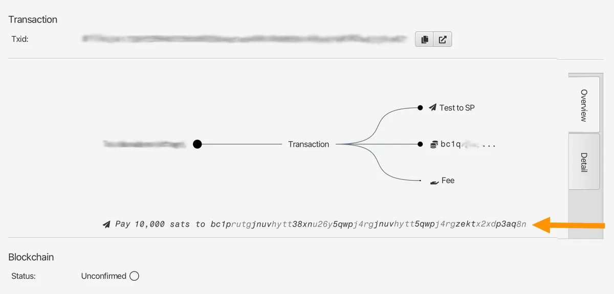 A silent payment, broadcast using Sparrow.